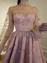 Sparkly A Line Round Neck Long Sleeves Homecoming Dress With Sequin PD257