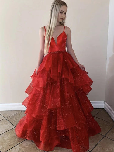 Sparkly A-line V Neck Spaghetti Straps Tulle Red Long Prom Fromal Evening Dresses