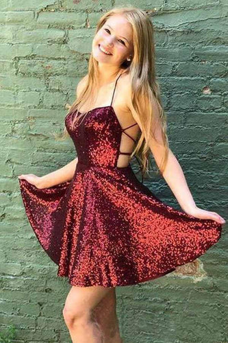 Sparkly Burgundy Homecoming Dresses Backless A-line Mini Party Dress PD383