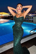 Sparkly Dark Green Spaghetti Straps Long Mermaid Prom Dresses Evening Gowns With Slit