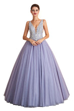 Sparkly Double V-Neck Aline Ball Gown Crystals Tulle Floor Length Party Dress