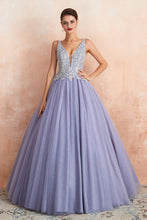 Sparkly Double V-Neck Aline Ball Gown Crystals Tulle Floor Length Party Dress