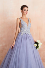 Sparkly Double V-Neck Aline Ball Gown Crystals Tulle Floor Length Party Dress