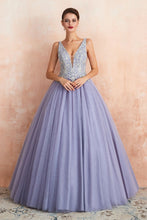 Sparkly Double V-Neck Aline Ball Gown Crystals Tulle Floor Length Party Dress