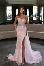 Sparkly Long Mermaid Strapless Tulle Sequins Prom Dress with Slit