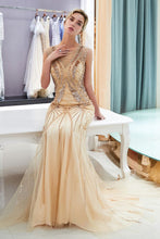Sparkly Mermaid Sleeveless Golden Sequins Beading Formal Party Dress
