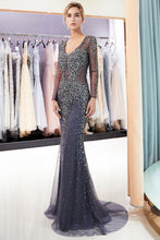 Sparkly Mermaid V-neck Long Sleeves Beading Evening Dresses