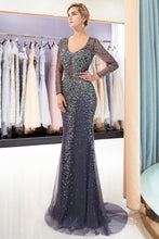 Sparkly Mermaid V-neck Long Sleeves Beading Evening Dresses