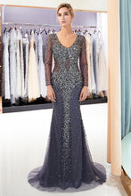 Sparkly Mermaid V-neck Long Sleeves Beading Evening Dresses