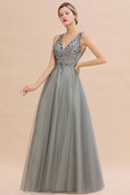 Sparkly Sequins V-Neck Aline Evening Maxi Dress Tulle Prom Dress