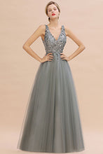 Sparkly Sequins V-Neck Aline Evening Maxi Dress Tulle Prom Dress