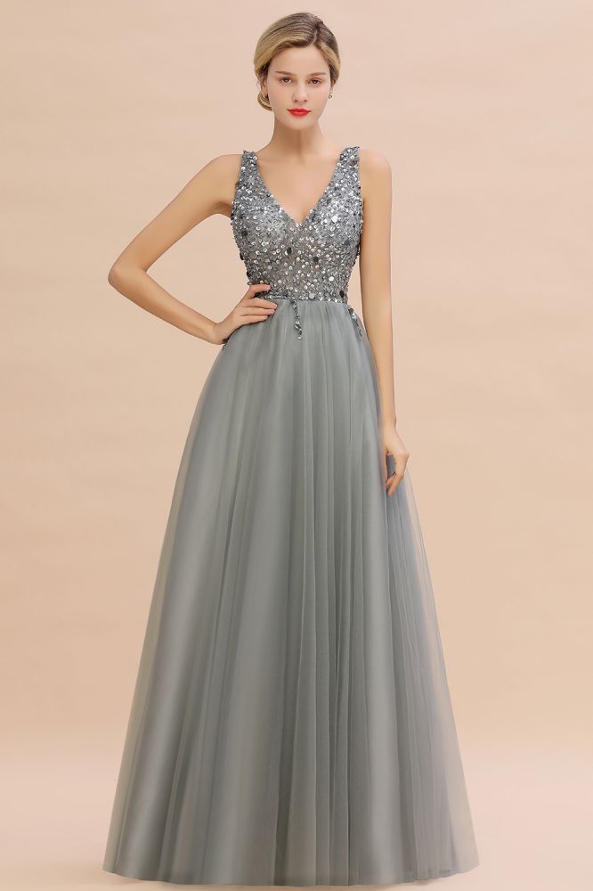 Sparkly Sequins V-Neck Aline Evening Maxi Dress Tulle Prom Dress