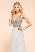 Sparkly V-Neck Aline Evening Dress Floor Length Sleeveless Wedding Party Dress
