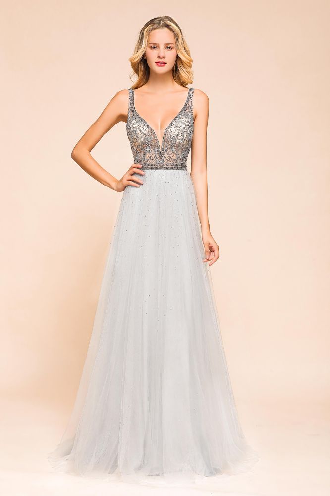Sparkly V-Neck Aline Evening Dress Floor Length Sleeveless Wedding Party Dress