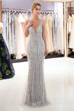 Sparkly V-Neck Tassels Mermaid Prom Dress Sequins Party Gown