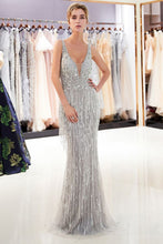 Sparkly V-Neck Tassels Mermaid Prom Dress Sequins Party Gown