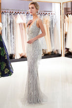Sparkly V-Neck Tassels Mermaid Prom Dress Sequins Party Gown