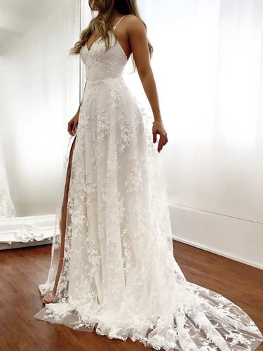 A-Line Spaghetti Strap Lace Backless Sexy Long Wedding Dresses with Slit