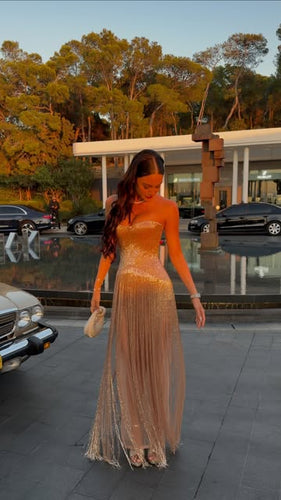 Strapless Gold-Sequin Fringe Evening Gown GJS2688