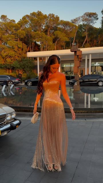 Strapless Gold-Sequin Fringe Evening Gown GJS2688