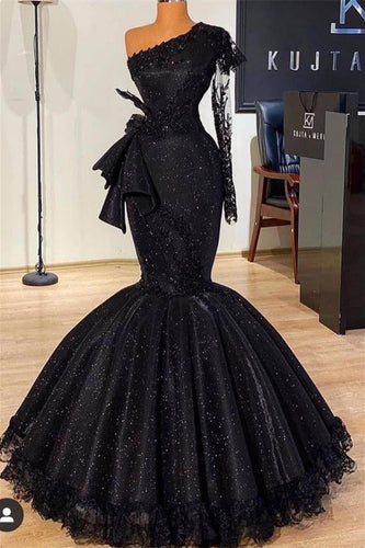 Stunning Black Glitter Mermaid Prom Dress Long Sleeves with Floral Lace Slim Party Dress