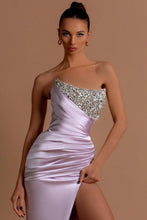 Stunning Long Lilac Column Strapless Sequined Beading Prom Dress with Slit