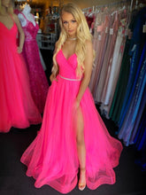 Stylish A-line V Neck Backless Tulle Long Prom Dresses with Leg Slit