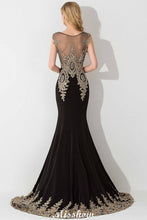 Stylish Cap Sleeve Gold Appliques Mermaid Evening Maxi Gown Sleveless Party Dress
