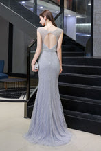 Stylish Deep V-Neck Sleeveless Beading Silver Slim Mermaid Party Gown