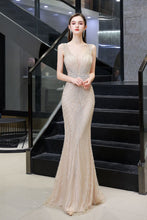 Stylish Deep V-Neck Sleeveless Beading Silver Slim Mermaid Party Gown