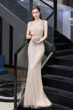 Stylish Deep V-Neck Sleeveless Beading Silver Slim Mermaid Party Gown