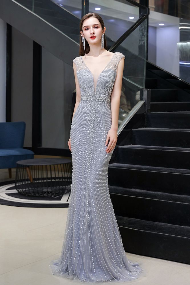 Stylish Deep V-Neck Sleeveless Beading Silver Slim Mermaid Party Gown