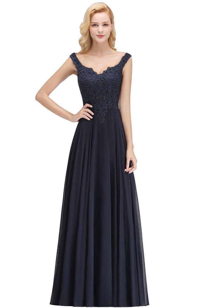 Stylish Straps Aline Beading Evening Maxi Dress Sleeveless V-Neck Wedding Guest Dress