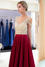 Stylish V-neck Sleeveless Burgundy Crystal Beading A-line Evening Dress