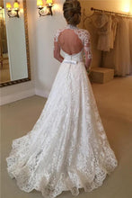 High Neckline Lace A line Long Sleeve Open Back Wedding Dress, Bridal Dresses, MW166