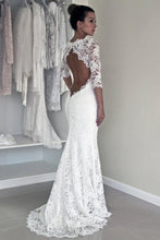 White Lace Open Back Long Sleeve Mermaid Long Wedding Dresses, MW187