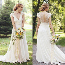 Sheer Back Deep V Neck Short Sleeve Wedding Dresses With Appliques, MW133