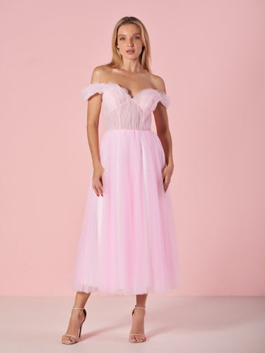 Sweetheart Neck Off the Shoulder Tea Length Tulle Prom Dress