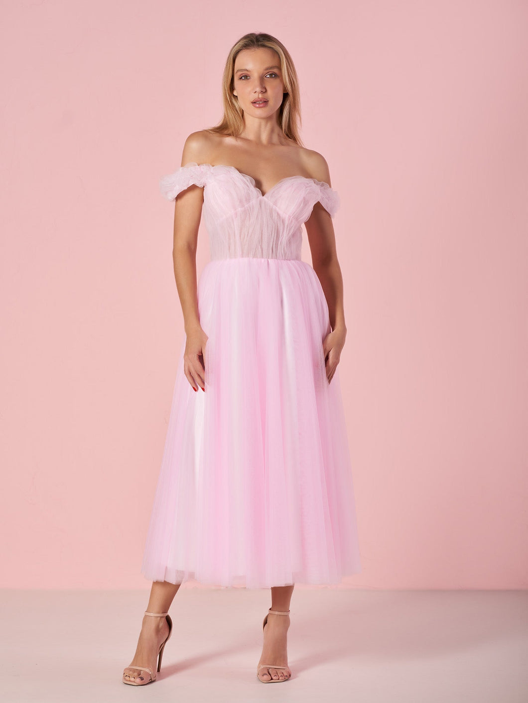Sweetheart Neck Off the Shoulder Tea Length Tulle Prom Dress