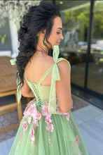 Taurus | Sweet Green A-Line Straps Sleeveless Appliques Tulle Long Prom Dress