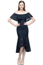 Tea Length Black Mermaid Off-shoulder Lace Prom Dresses