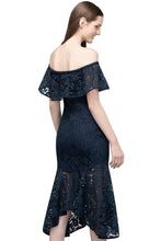 Tea Length Black Mermaid Off-shoulder Lace Prom Dresses