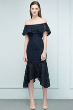 Tea Length Black Mermaid Off-shoulder Lace Prom Dresses