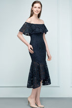 Tea Length Black Mermaid Off-shoulder Lace Prom Dresses