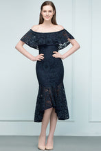 Tea Length Black Mermaid Off-shoulder Lace Prom Dresses