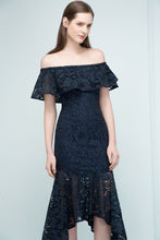 Tea Length Black Mermaid Off-shoulder Lace Prom Dresses