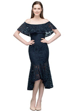 Tea Length Black Mermaid Off-shoulder Lace Prom Dresses