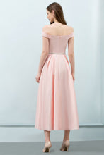 Tea Length Pink A-line Off-shoulder Prom Dresses with Sash