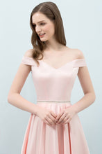 Tea Length Pink A-line Off-shoulder Prom Dresses with Sash