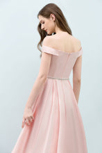 Tea Length Pink A-line Off-shoulder Prom Dresses with Sash